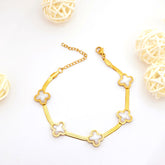 Gold Clover Snake Chain Bracelet with Mother of Pearl Inlay